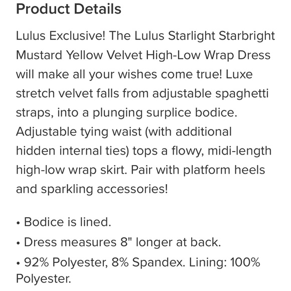 Lulu’s Starlight Starbright Mustard Yellow Velvet High-Low Wrap Dress - NWT - Picture 5 of 6